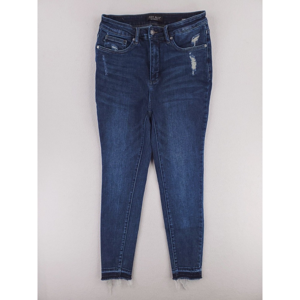 Judy Blue Jeans Womens 30 Blue Skinny Distressed Dark Wash Raw Hem Stretch